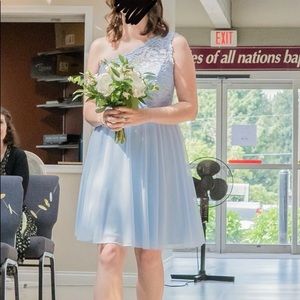 Blue short bridesmaid dress, one strap with lace details